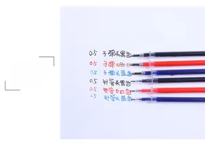 Detailed comparison of 0.5mm gel pen refills in black, red, and blue ink options