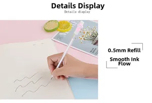 Détail de la pointe 0,5 mm écrivant sur un carnet avec design patte de chat rose
