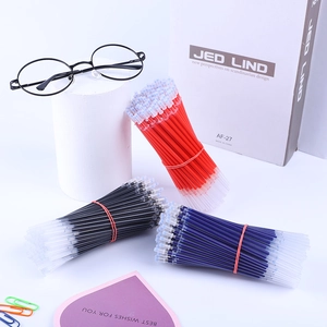 Black, red, and blue 0.5mm gel pen refills set organized with office stationery props