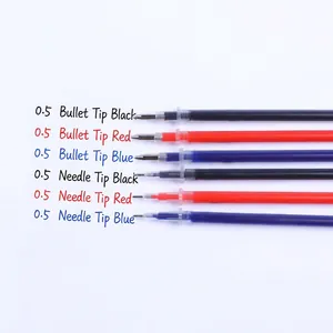0.5mm gel pen refills in black, red, and blue with needle and bullet tip styles