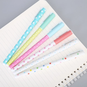 Set of 6 cute floral and polka dot pattern gel pens neatly arranged on a white notebook