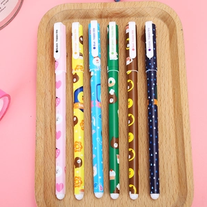 Set of 6 cartoon floral retractable gel pens with cute animal characters in wooden tray