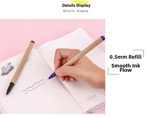 Detail showing 0.5mm blue ink pen writing smoothly on a lined notebook page