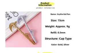 Detailed specs of scythe gel pen showing 15cm length 9g weight and 0.5mm tip
