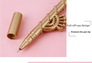 Detail of creative scythe gel pen with pull-cap design and golden metallic finish