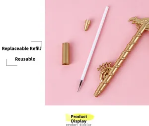 Detail view of golden weapon-shaped pen parts showing the refillable ink system
