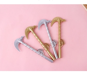 Detailed view of creative grim reaper scythe pens in metallic gold and silver finish