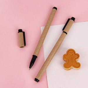 Eco-friendly 0.5mm black gel pens with kraft paper barrels and cute gingerbread man eraser
