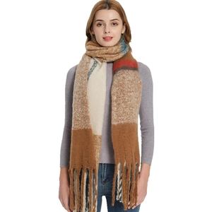 Winter chunky color-block plaid scarf with fringes in brown, red and green hues