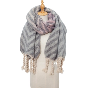 Detail of grey and pink herringbone knit scarf with thick handmade knotted tassels