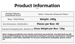 Detailed size and fabric specification chart for the plaid square winter scarf