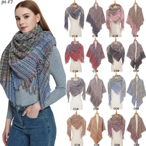 Multicolor plaid knit scarf shawl with fringe trim for winter fashion accessories