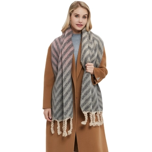 Grey and pink thick chunky tassel scarf in mohair style with elegant braided fringe
