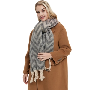 Thick faux mohair scarf with grey chevron pattern and chunky knotted tassel details