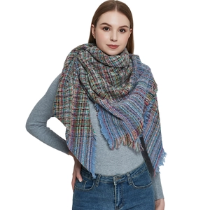 Plaid shawl with fringe edges in vibrant blue and burgundy textured knit fabric