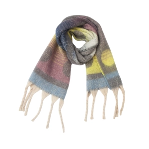 Detail of thick winter shawl with colorful polka dots, mosaic patterns and tassels