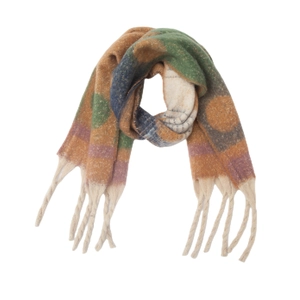 Detail of multi-color thick knit scarf with oversized tassels and gradient earth tones