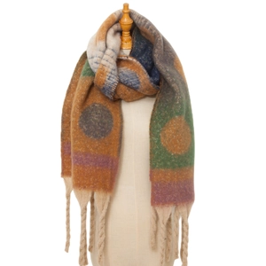Close-up of thick knit shawl with colorful jacquard dots, plaid pattern and long fringe