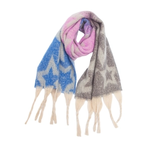 Detailaufnahme des Sternenmusters Jacquard-Schals mit buntem Patchwork und Fransenquasten