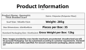 Detailed size chart for geometric tassel scarf showing dimensions 185x40cm and material