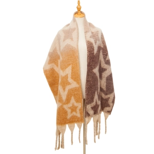 Detail eines Jacquard-Schals mit Sternenmuster und Fransen in Gelb und Braun