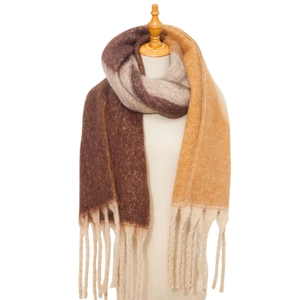 Detailed view of thick knitted scarf with gradient color blocks and long fringe tassels