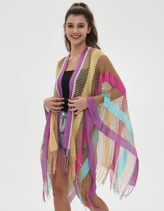 Detail of colorful open-knit kimono cardigan with rainbow stripes and tassel fringe