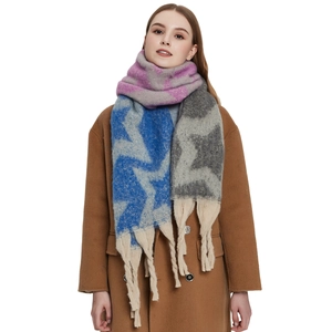 Damen Winter Dicke Schal Polyester Sternmuster Jacquard Patchwork Quaste Warm Schal Wrap Zubehör Mode Gemütlich Schal