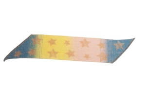 Detail of soft knit scarf featuring colorful gradient stripes and gold star patterns