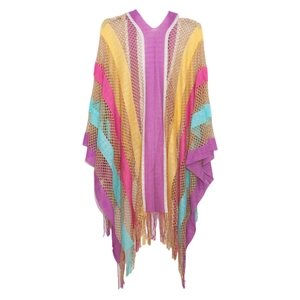 Detail view of colorful bohemian knit shawl with rainbow stripes and hollow mesh texture