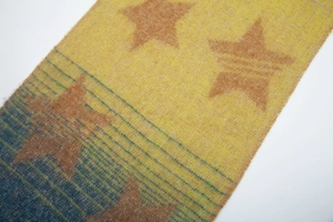Macro view of knit star pattern shawl in yellow and navy with soft woolly texture