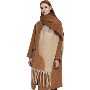 Thick geometric winter scarf with fringe in brown and beige color block pattern