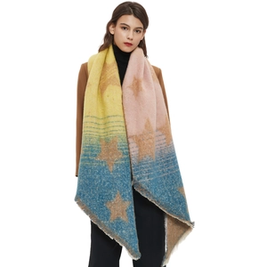 Women's star pattern knit shawl scarf with vibrant color block and fringe tassels