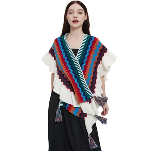 Poncho In Maglia Da Donna Scialle Bohemien Etnico Motivo Zigzag Bordo Con Volant Nappa Retro Inverno Caldo Avvolgente