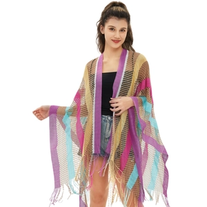 Women Hollow Knit Shawl Bohemian Striped Tassel Summer Beach Sun Protection Mercerized Cotton Metallic Lightweight Poncho Wrap