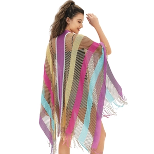 Women's colorful rainbow striped knit shawl with hollow mesh design and fringe tassels