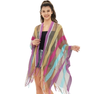 Women's summer boho rainbow striped hollow out crochet shawl cape with fringe tassels