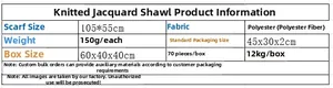 Size chart showing dimensions 105x55cm and polyester material for the gold knit shawl
