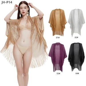 Metallic knit tassel shawl beach cover-up available in gold, silver, purple, and black