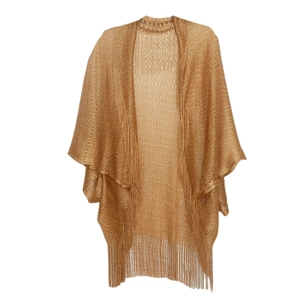 Detail of gold hollow knit shawl featuring metallic texture and long hanging fringe trim