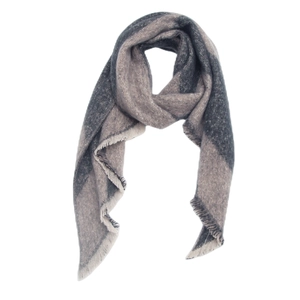 Detail view of winter shawl showing soft gray-blue block pattern and delicate fringe edges