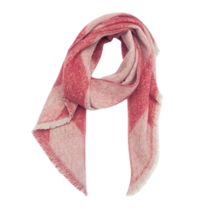 Close-up of red and beige gradient plaid scarf featuring soft brushed wool and tassel fringe