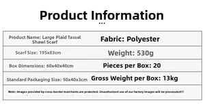 Detaillierte Größentabelle und Materialangaben für den großen karierten Fransenschal