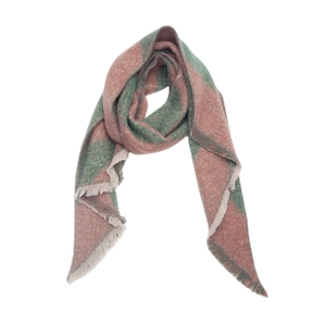 Detail of dark green and brick red geometric checkered scarf with fine fringe edges