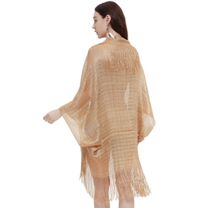 Women's gold metallic knit sun protection shawl with batwing sleeves and long tassels