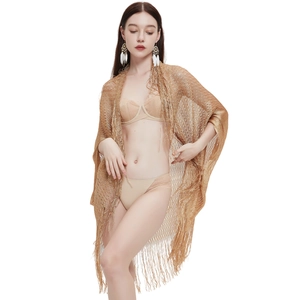 Golden metallic mesh shawl with fringe detail for summer beach and party wear