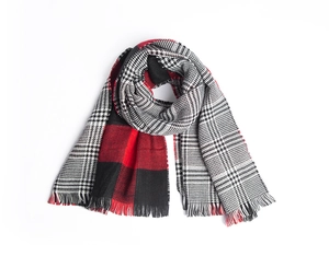 Détail d'une écharpe à carreaux rouge et noir avec motifs pied-de-poule et franges