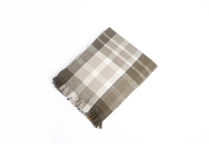 Detail view of thick green and grey plaid scarf featuring long decorative tassels