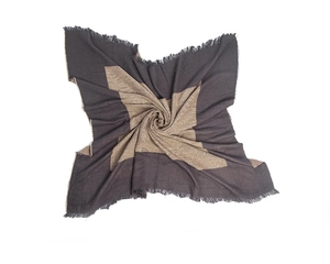 Detail of soft thick checkered scarf showing grey and khaki blocks with tassel edges
