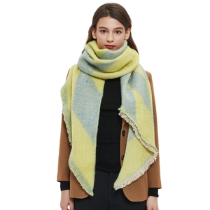 Women's thick yellow and grey checkered winter shawl with fringe tassels for warmth